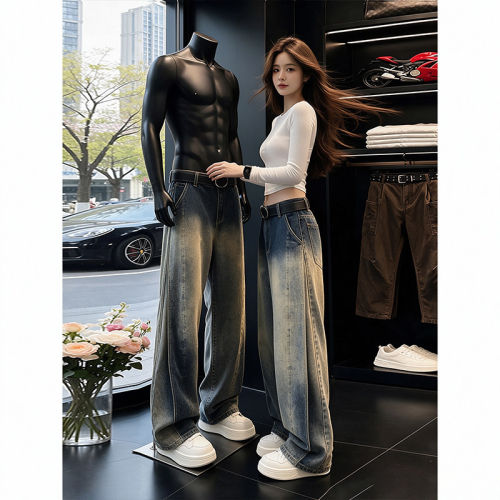 cleanfit渐变弯刀牛仔裤男款秋季美式复古显瘦直筒裤宽松阔腿长裤