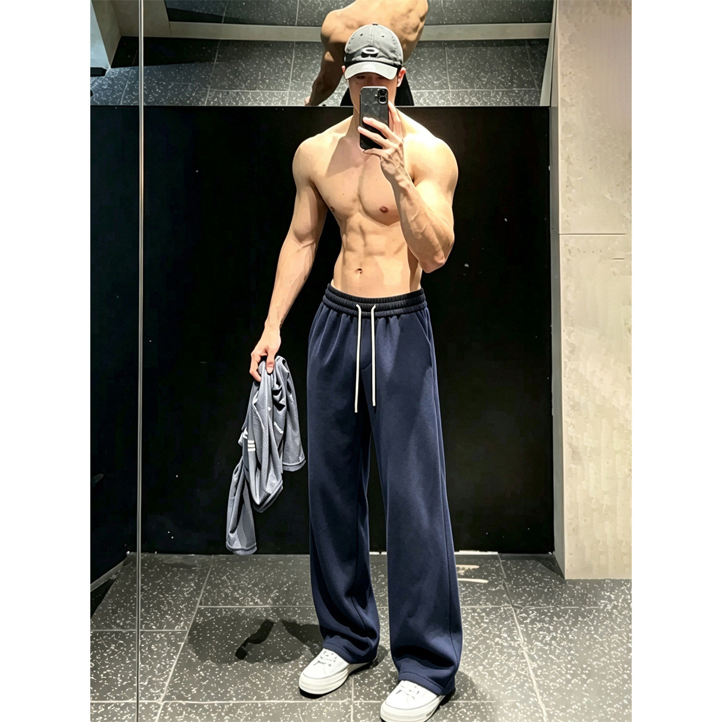 藏青色健身运动卫裤男款秋季美式显瘦弯刀裤子垂感休闲直筒微喇裤