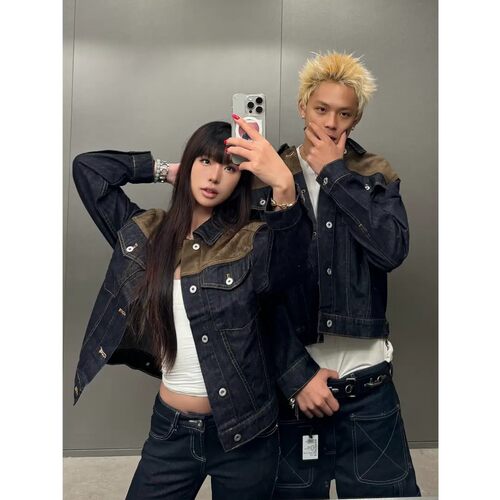 美式复古巴恩风牛仔外套男女款秋季cleanfit麂皮拼接短款工装夹克