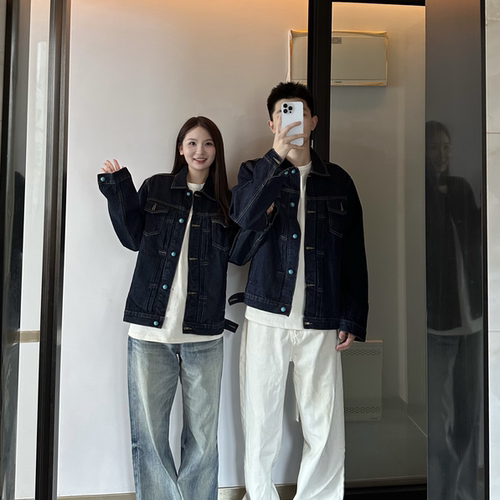 3KU夫妇秋季新款美式复古翻领牛仔外套夹克上衣男女同款潮流36791