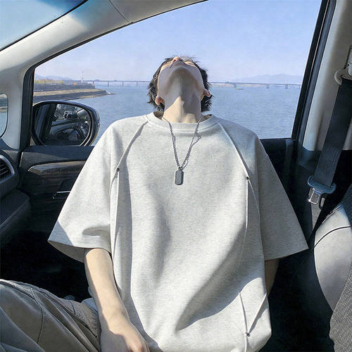 隐哲穿搭DT6214夏季美式270克华棉柳钉男生纯色大码宽松短袖T恤