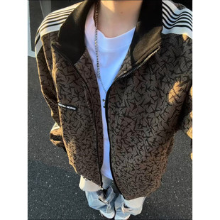 美式高街条纹拼接夹克男款秋季痞帅高级感正肩外套荆棘印花棒球服