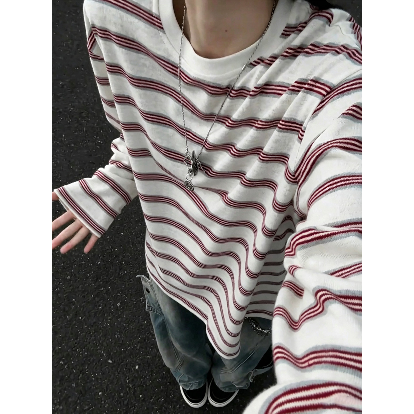 美式红白撞色条纹长袖t恤男女款秋季宽松慵懒风卫衣打底上衣罩衫
