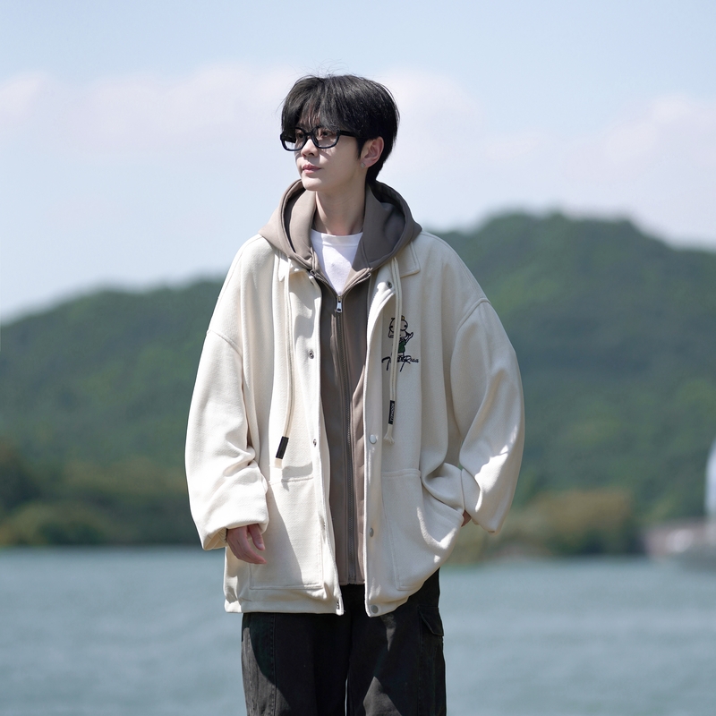 日系连帽假两件外套男春秋复古宽松休闲夹克潮牌潮流青少年棒球服