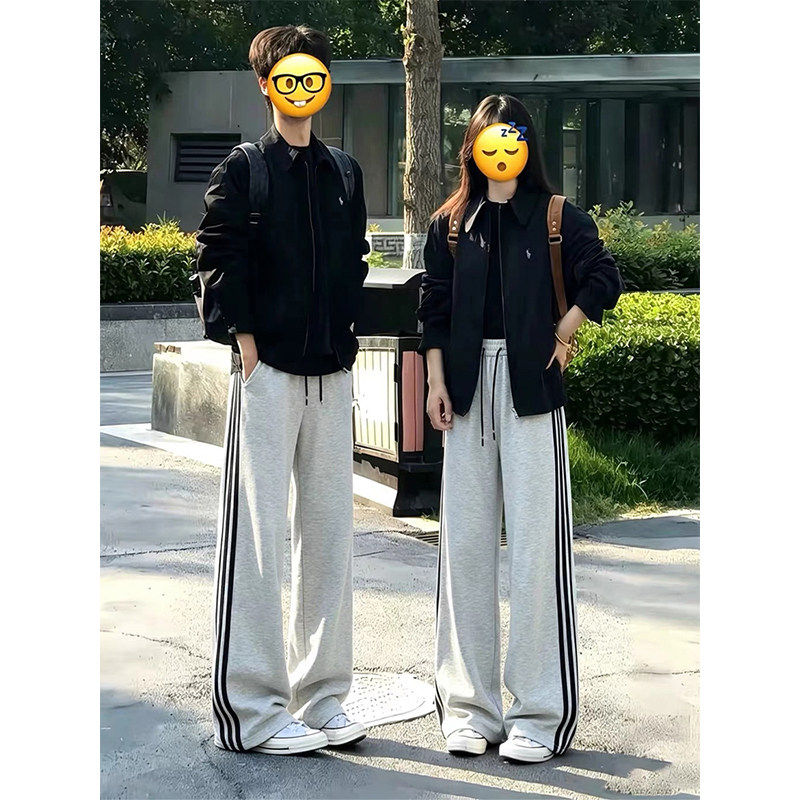 白灰色条纹运动卫裤男款秋季潮牌美式三条杠裤子垂坠感直筒休闲裤