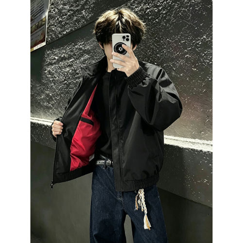 黑色红内立领外套男款秋季美式bomber教练夹克短款工装痞帅棒球服