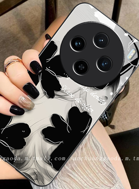 黑色水墨花适用vivox100pro手机壳x90女x80新款x70液态玻璃x60高级感s18e防摔s17全包s16保护套s19简约plus
