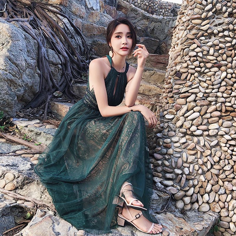 海南三亚马尔代夫绿色沙滩连衣裙夏天显瘦长裙超仙女海边度假泰国