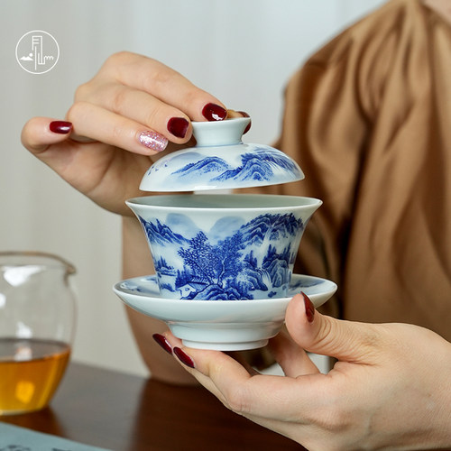 见山烧盖碗青花山水茶具