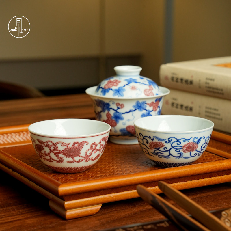 见山烧陶瓷茶杯纯手工手绘青花釉里红菊花杯主人杯单杯品茗杯专用