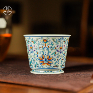 见山烧青花斗彩繁华缠枝纹马蹄杯功夫茶杯陶瓷主人杯品茗杯个人杯