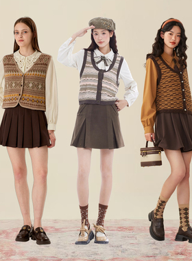 【昕怡粉丝专享】pit复古针织开衫马甲女年秋季新款U领无袖设