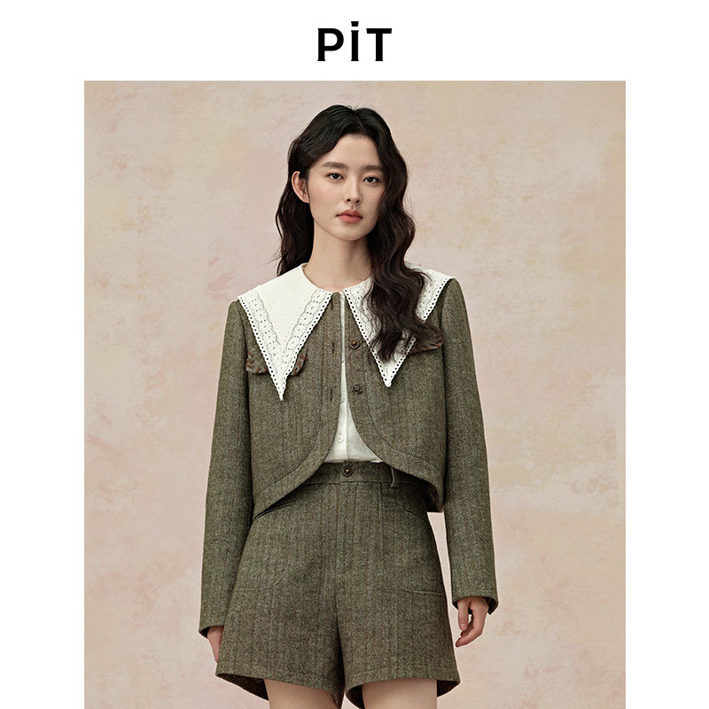 【昕怡粉丝专享】PIT竖条纹长袖绿色复古显瘦粗花呢短外套秋,女装/女士精品,短外套,淘宝优惠券,粉丝福利购,淘宝优惠卷