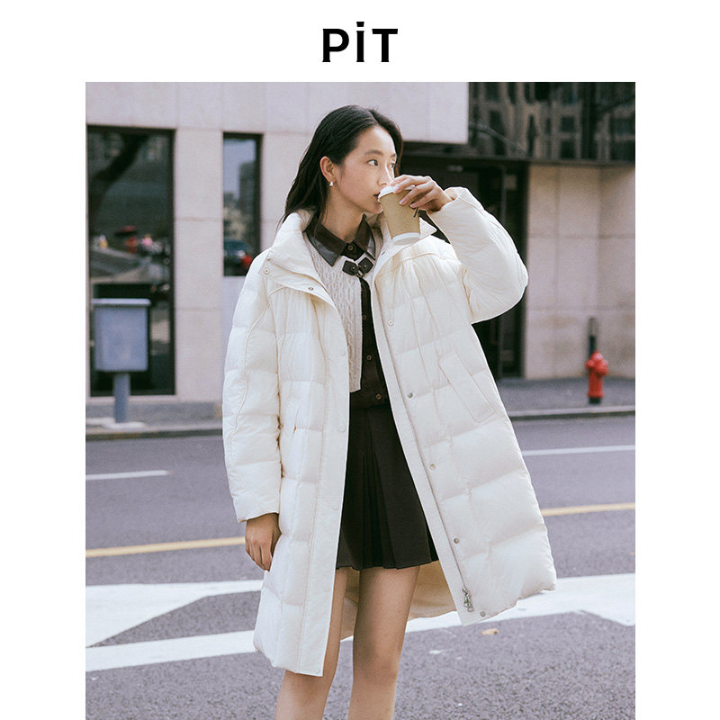 PIT中长款白色鸭绒羽绒服女无帽围巾2025冬季新款保暖外套