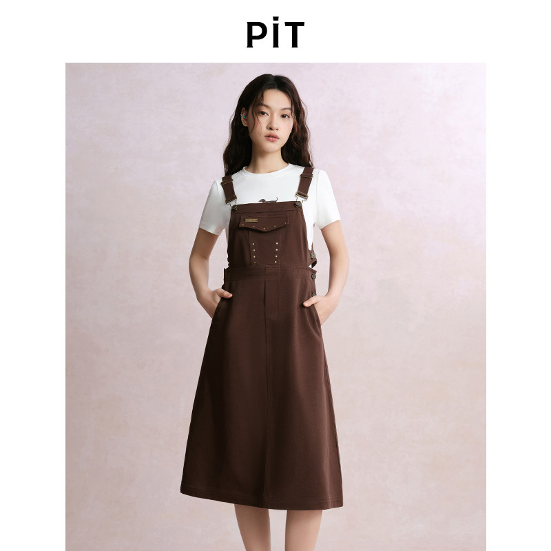 PIT纯色纯棉工装风背带吊带连衣裙女2025夏薄款减龄中长裙图片