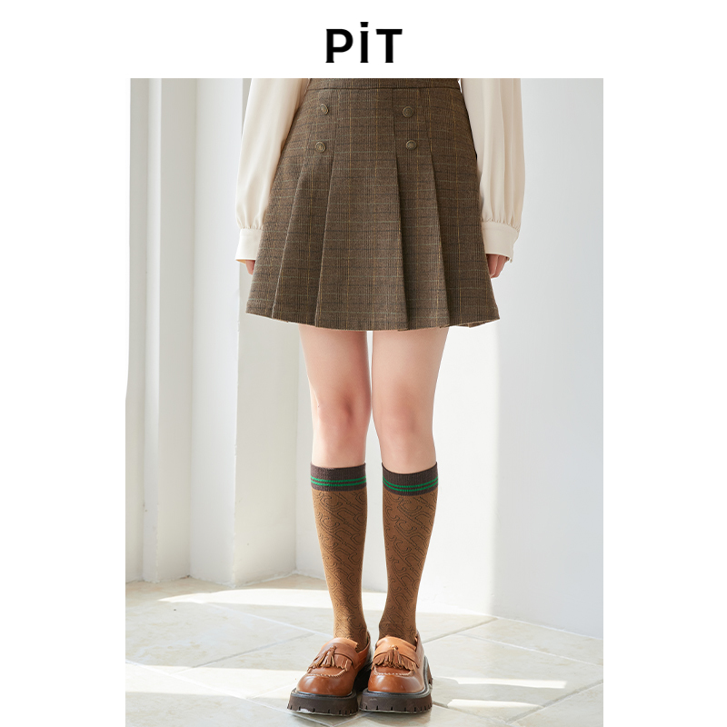 PIT复古百褶高腰A字半身裙女2023年秋装新款小个子气质显瘦短裙