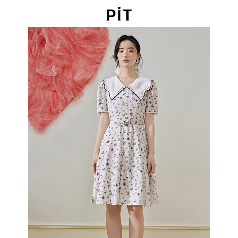 PIT复古娃娃领碎花短袖连衣裙子女夏季新款茶歇小清新a字裙图片