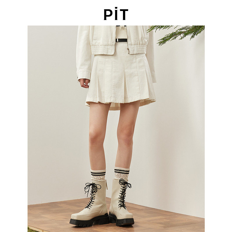 PIT经典复古100%棉短款半身裙女2026春季新款百褶显高显瘦裙子
