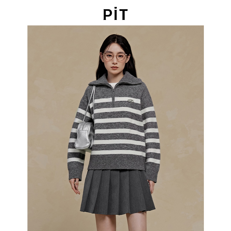 PIT绵羊毛针织衫polo领女2025秋季新款长袖粗条纹上衣毛衣