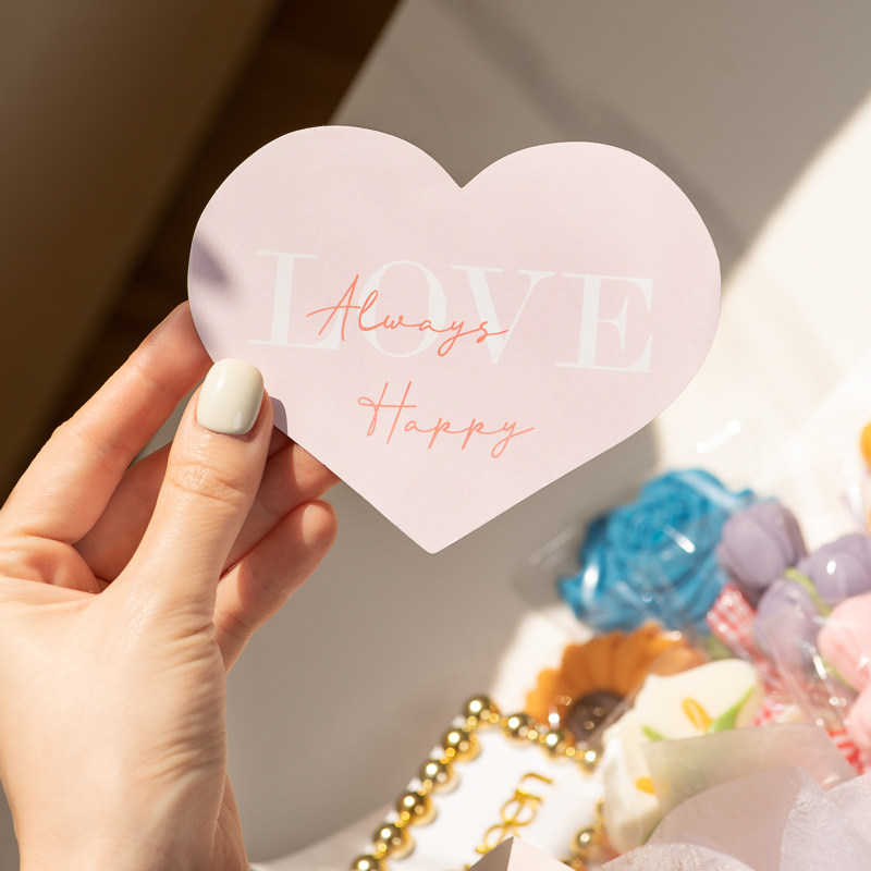 粉色爱心鲜花卡片手写寄语祝福贺卡情人节礼盒装饰温馨表白便签纸