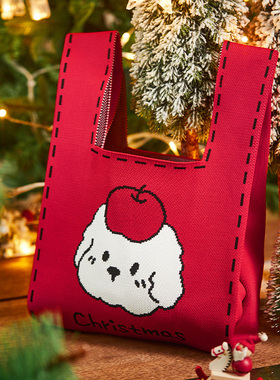 圣诞节网红针织包红色喜庆伴手礼手拎袋MerryChristmas礼品包装袋