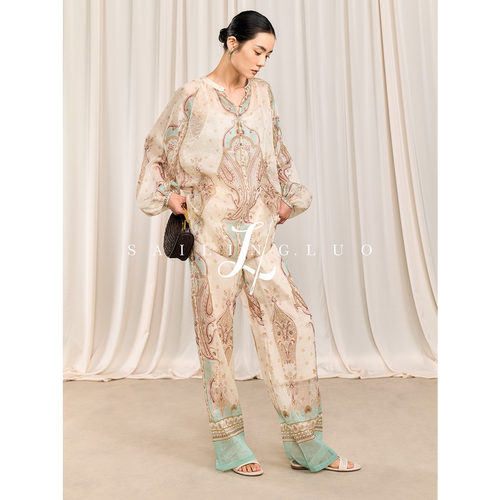 亚麻真丝印花宽松廓型长裤套装