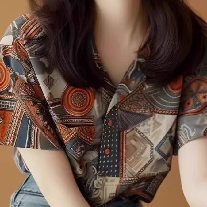 夏季新款高级感复古短袖印花衬衫