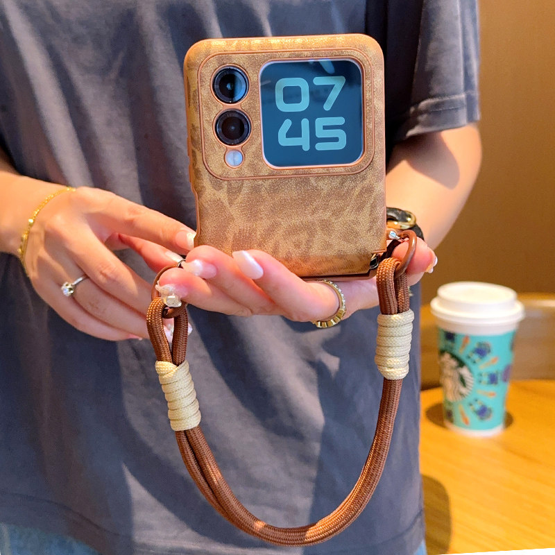 适用华为novaFlip手机壳全包防摔挡奢华美拉德系华为nova Flip折叠屏保护套网红包中轴豹纹棕色编手提女款