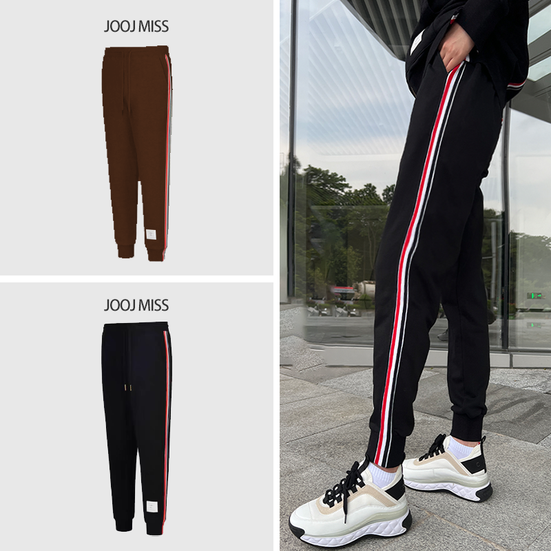 欧美风侧织带条纹卫裤