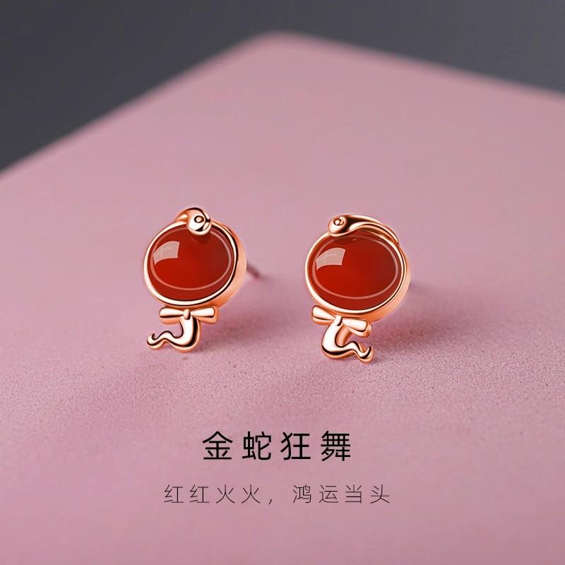 S925纯银玫瑰金蛇耳钉轻奢小众设计感2025新款爆款蛇年本命年耳环
