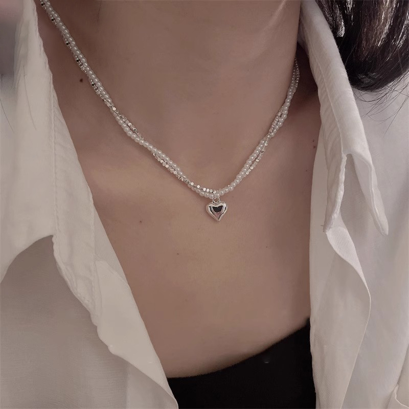 S925纯银爱心碎银珍珠项链女2025新款爆款轻奢设计感双层叠戴颈链