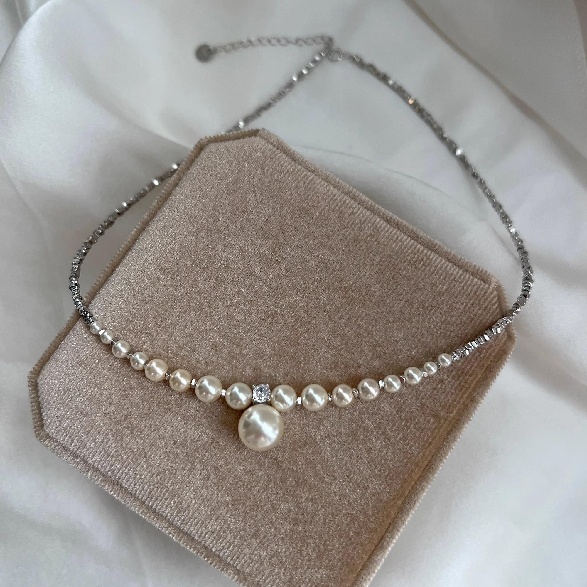 S925纯银碎银子施家珍珠项链女款2025新款爆款颈链渐变串珠锁骨链