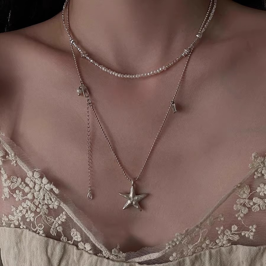 S925纯银立体不规则哑光海星项链简约百搭高级小众星星叠戴锁骨链