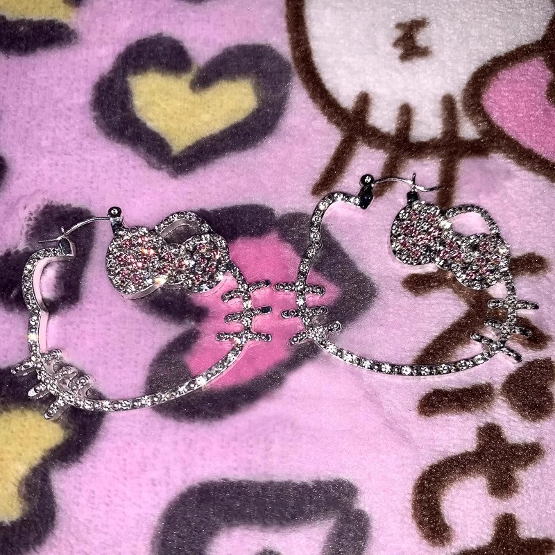 S925纯银复古爆闪满钻镂空KT猫耳圈女夸张个性耳饰可爱耳钉耳环潮