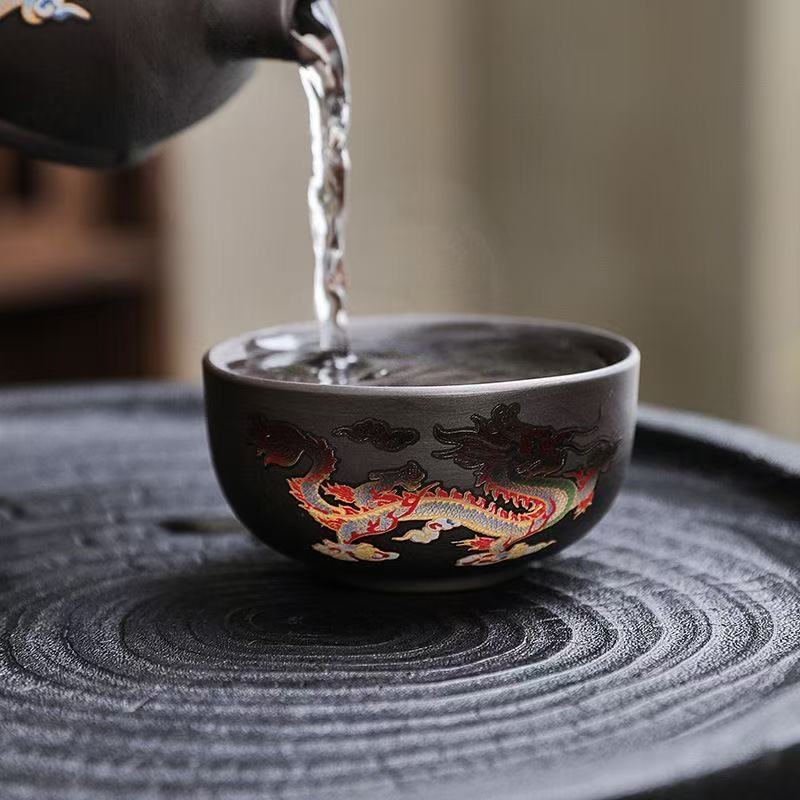 紫砂茶杯杯垫龙凤单杯不倒主人杯品茗杯旋转不倒遇热变色套装对杯