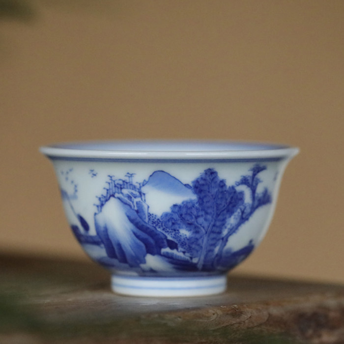 【醒狮堂】青花柴窑康熙山水压手杯