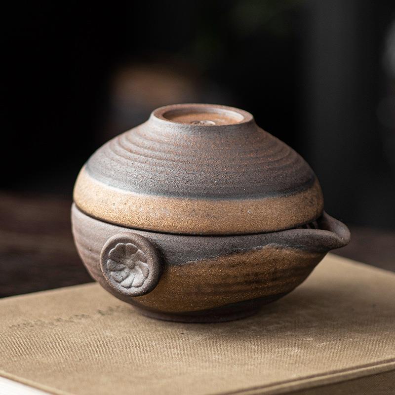 鎏金烧粗陶快客杯手抓壶防烫陶瓷一壶两杯旅行茶具便携盖碗茶碗