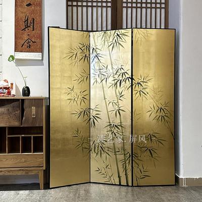 手绘漆画竹子中式金箔屏风客厅茶室古筝背景婚纱摄影三扇折屏定制
