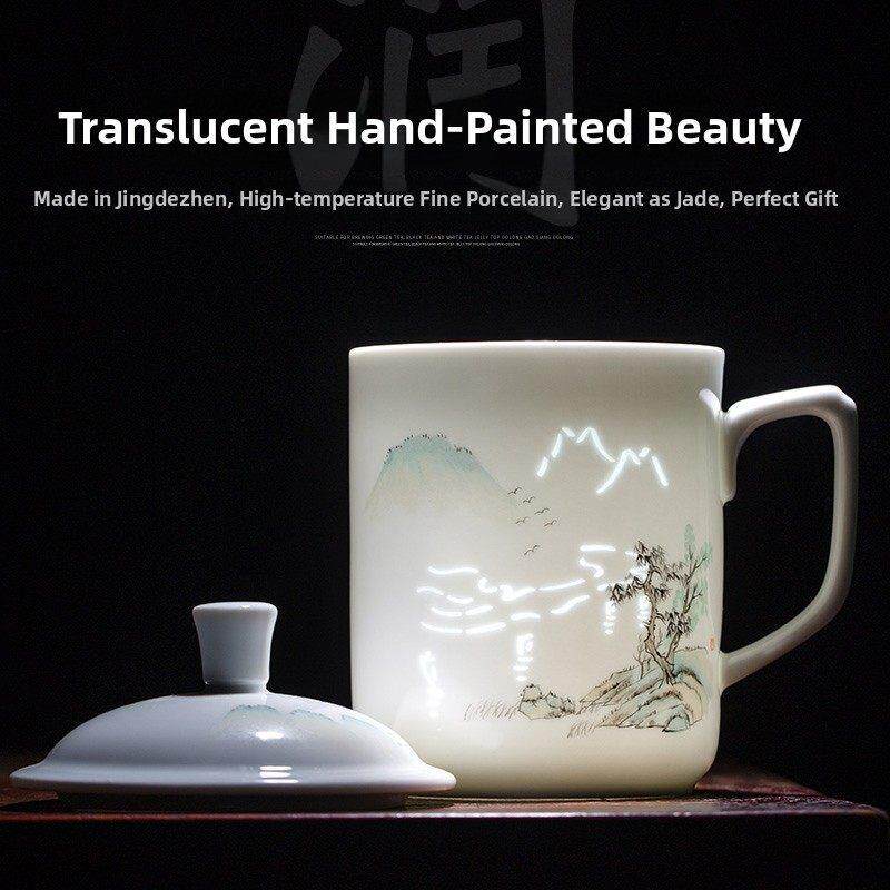 手绘精美办公杯景德镇白瓷粉彩茶杯陶瓷家用大水杯有盖茶杯