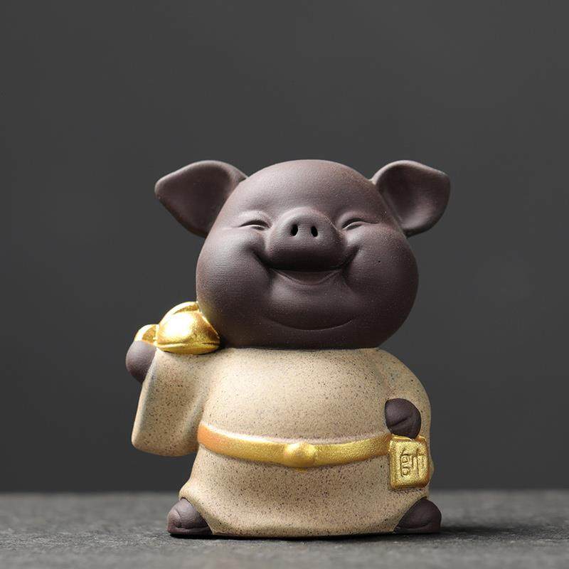 宇轩 紫砂茶宠创意五福猪摆件手工可养茶艺迷你描金茶玩茶具配件