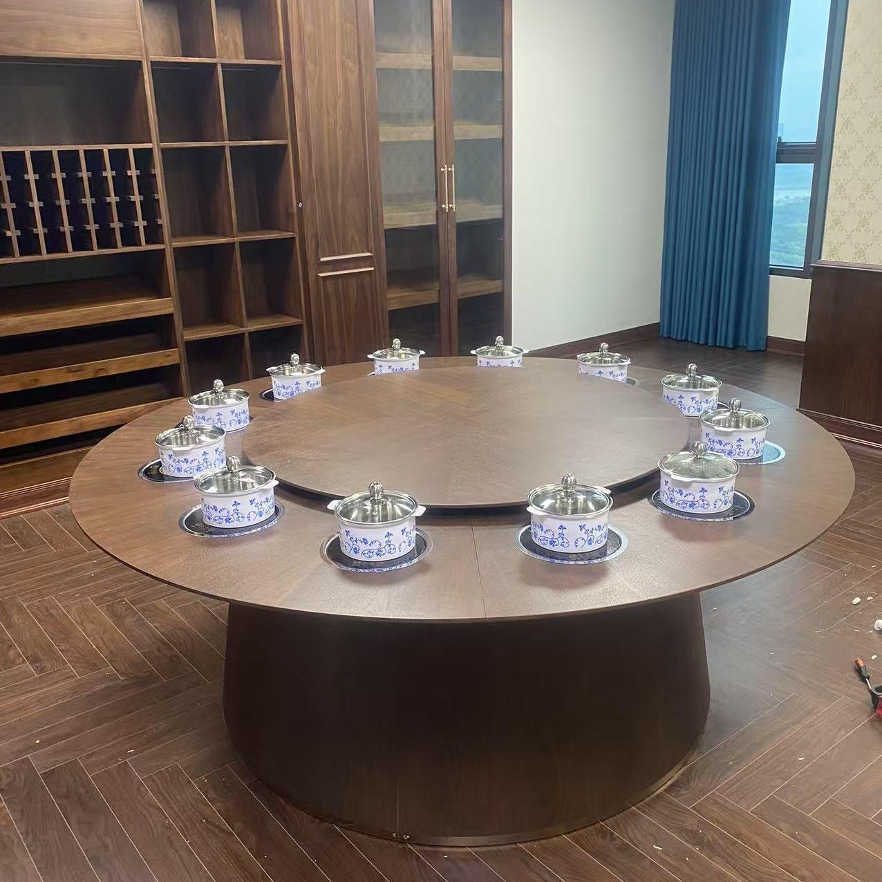 新中式电动餐桌2米6大圆桌酒店名宿饭店包厢实木15人电磁炉火锅桌