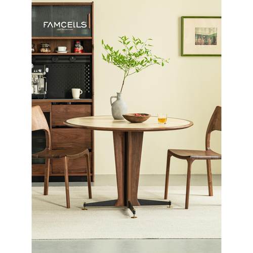 北欧实木圆形餐桌黑胡桃木岩板餐桌现代覆古小户型圆桌椅组合饭桌