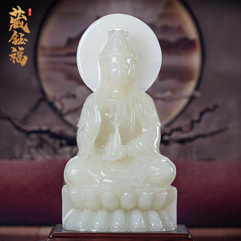 藏钰福天然玉石摆件坐莲观音菩萨佛像玉雕公司客厅禅意观世音摆设