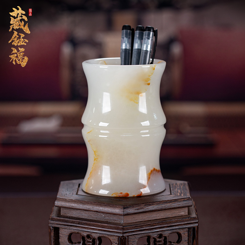 玉石笔筒书房办公室玉雕装饰摆件文房四宝圆筒花器送老师创意礼品