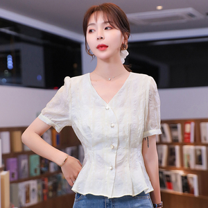 RM19335#夏装新款短袖V领雪纺衬衫女白色网纱衬衣设计感小众上衣