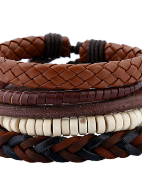 跨境新款饰品欧美复古个性编织牛皮手链diy4件套装男士皮手环手绳