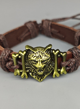 欧美网红热销藏式复古编织皮革合金狼头pu可调手链手绳男一件