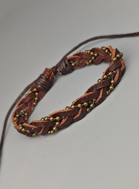 复古个性编织珠链皮革手链欧美网红跨境时尚可调男学生花百饰