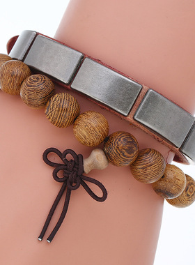 庞克厂家直供复古做旧牛皮手链简约diy组合套装木珠手链男士饰品