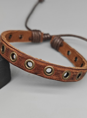跨境镂空气孔窄手绳复古棕色气眼牛皮手链男编织皮革手环可调